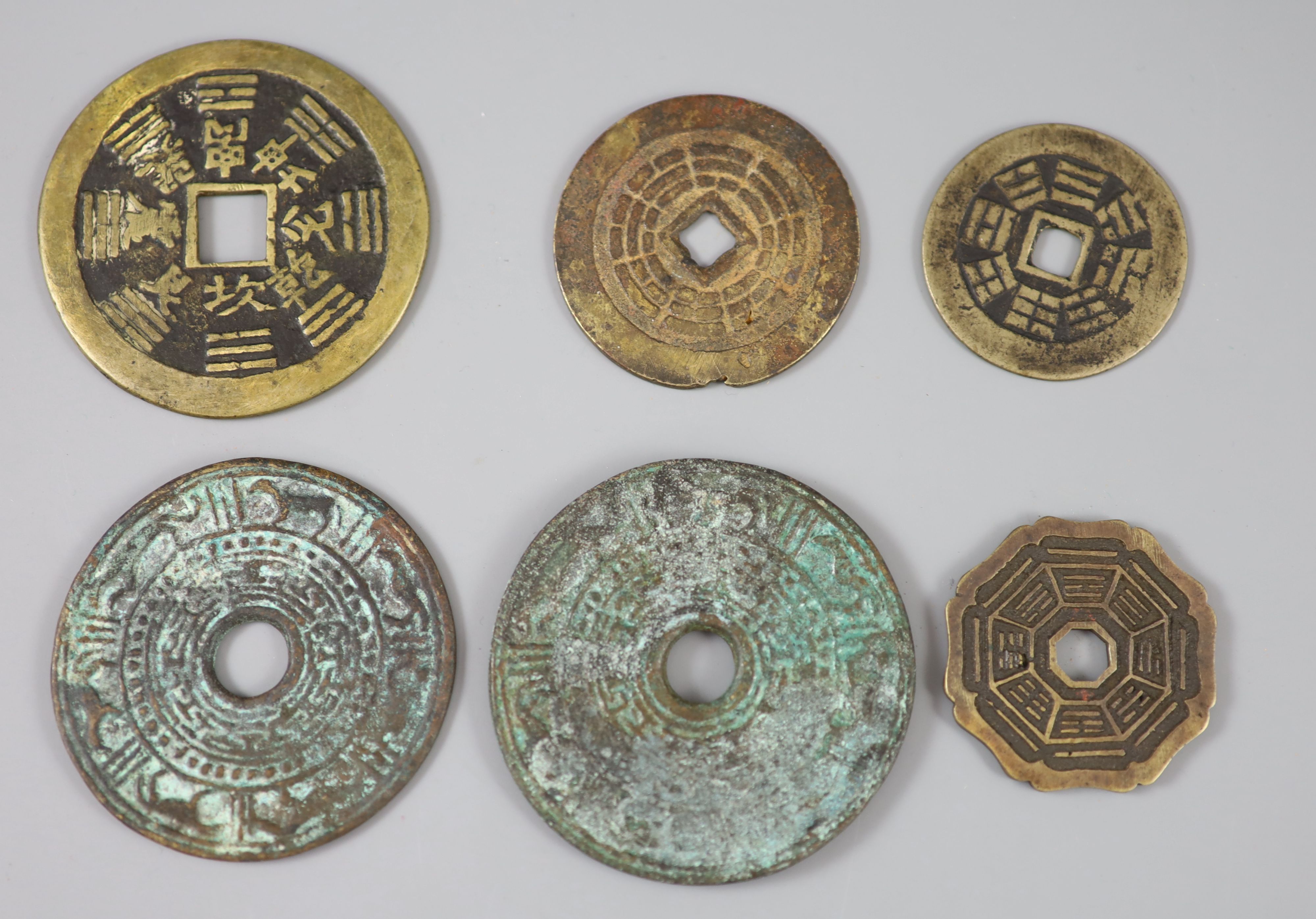 China, 6 bronze charms or amulets, Qing-Republic dynasty,